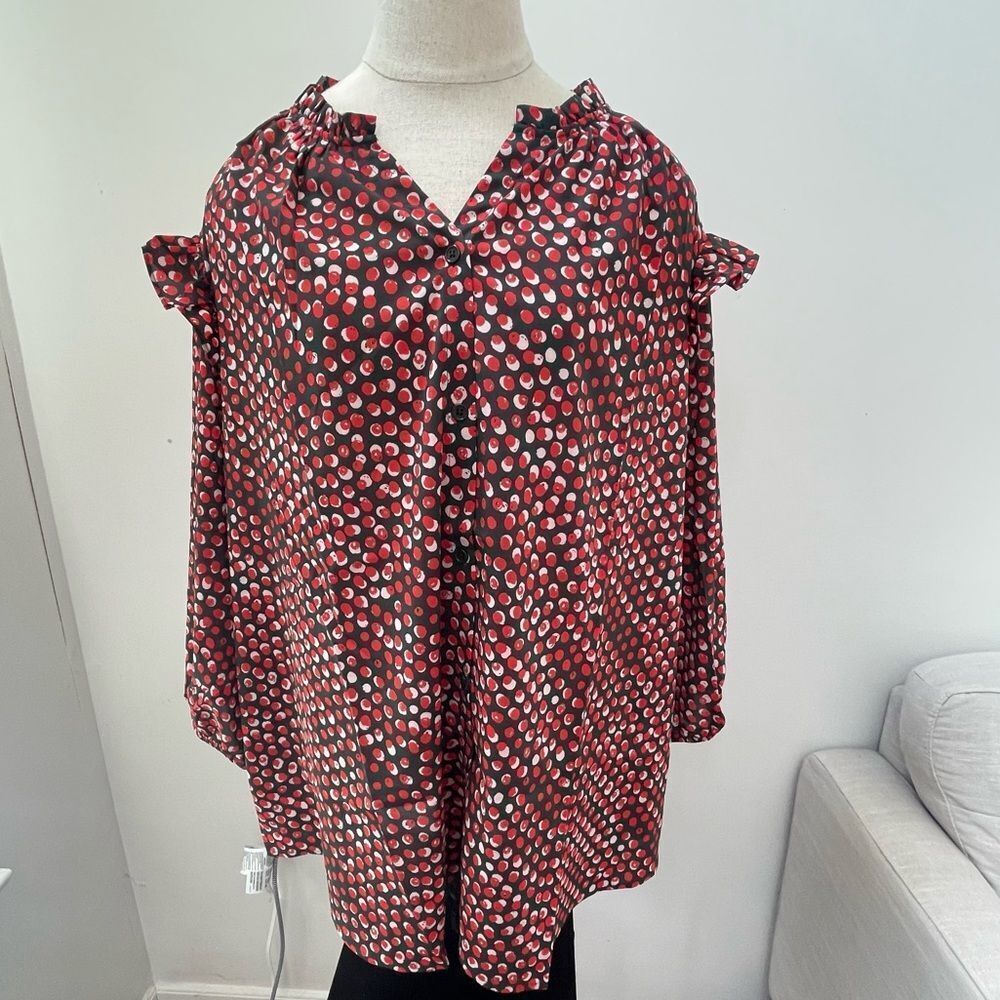 G by Giuliana Feminine Chic Ruffle Shoulder Blouse Red Pink Polka Dot Top 2X